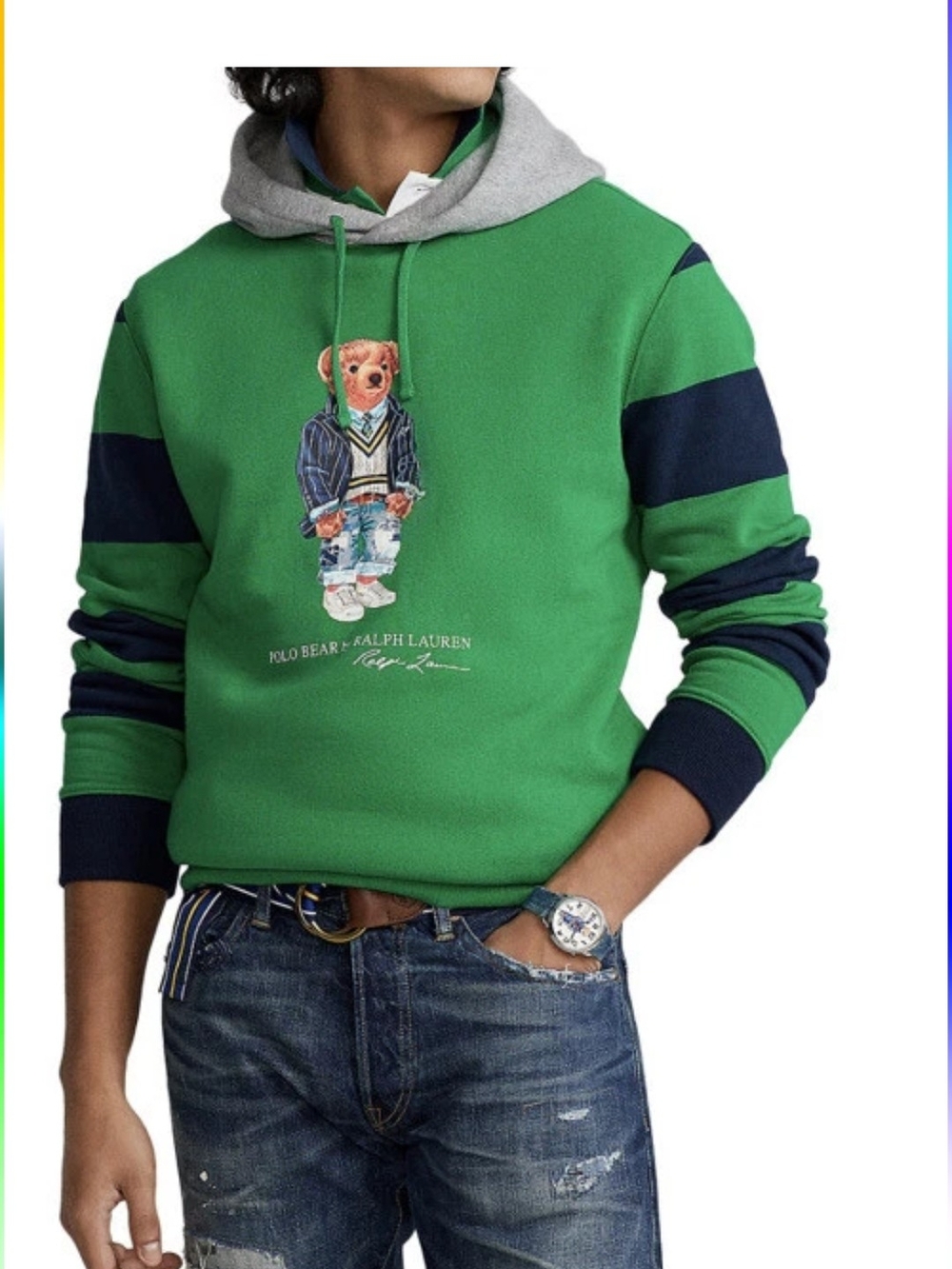 Ralph Lauren Green Polo Bear Hooded Sweatshirt with Navy Stripes